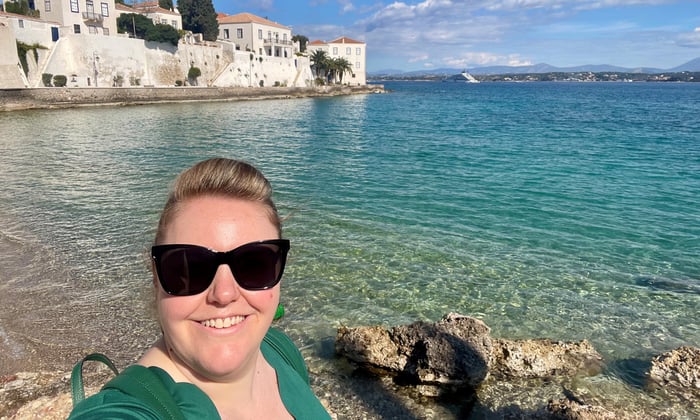 Hayley in Dapia Port, Greece