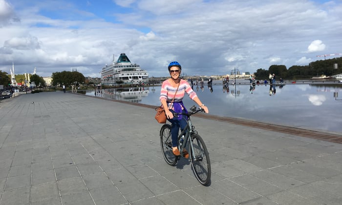 Susan on a bike excursion in Bordeaux