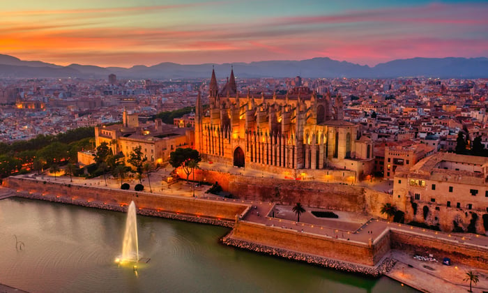 Palma de Mallorca at night in Mallorca, Spain