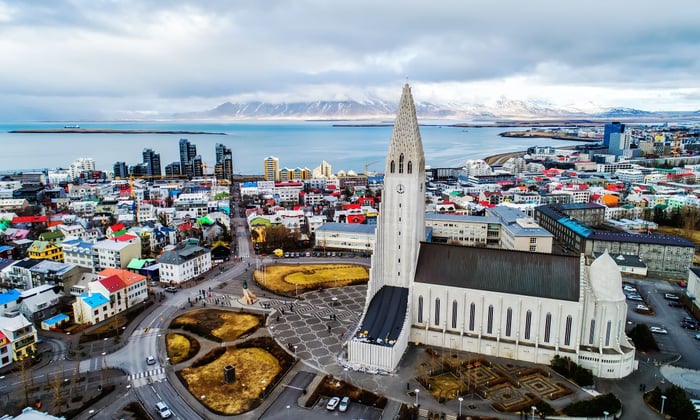 Aerial view, Hallgrimskirkja, Reykjavik