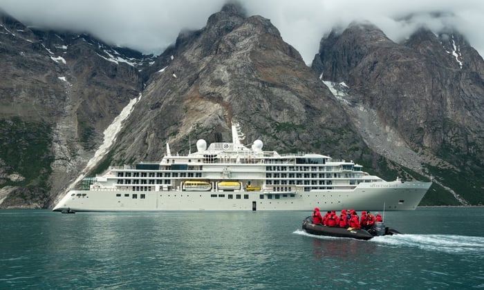Silver Endeavour and a zodiac in Evighed Fjord, Greenland