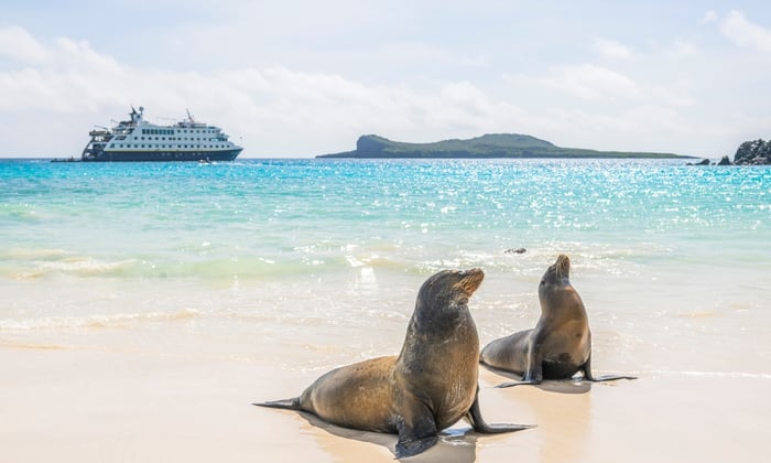 National Geographic Endeavour II in the Galápagos Islands with sea lions