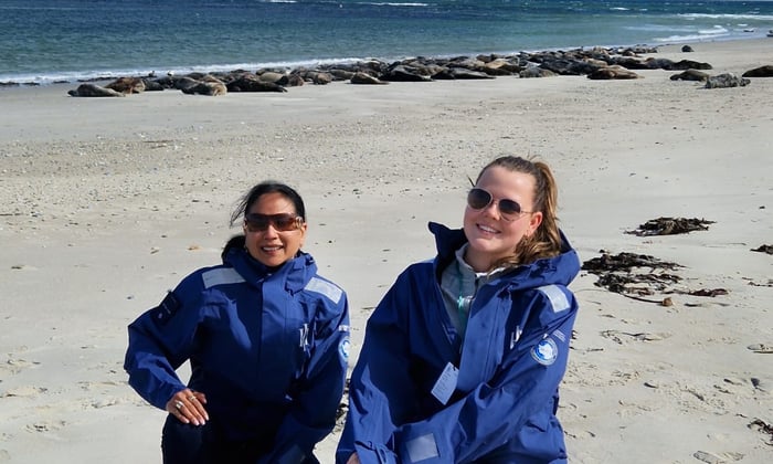 Eva Williams and Anjalina Young with Grey Seals on Heligoland