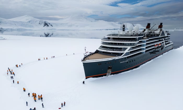Seabourn Pursuit on an ice landing in Antarctica