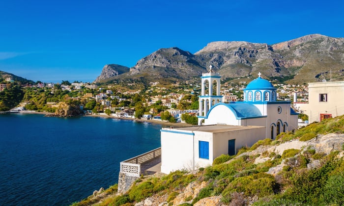 Blue Domed Church in Kalymnos, Greece