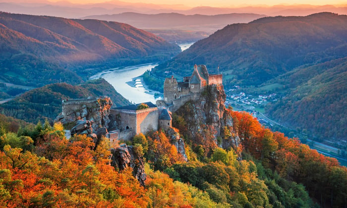 Aggstein Castle by the Danube in Wachau Valley, Austria in autumn