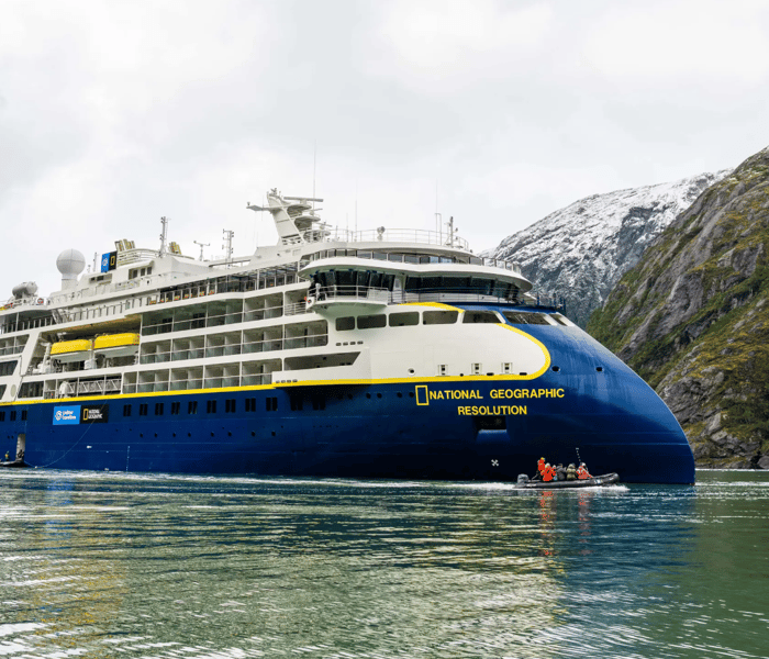 National Geographic-Lindblad Expeditions' Resolution Ship with its x-bow design in Chile's Tierra del Fuego 