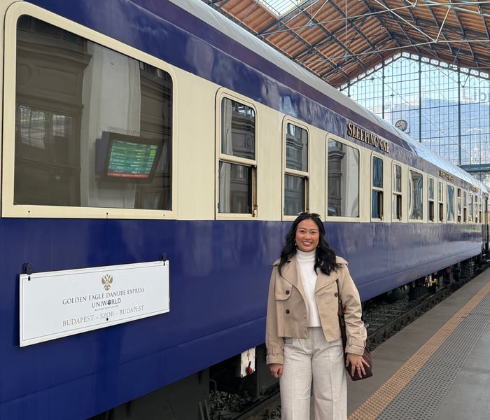melina in front of the golden eagle danube express