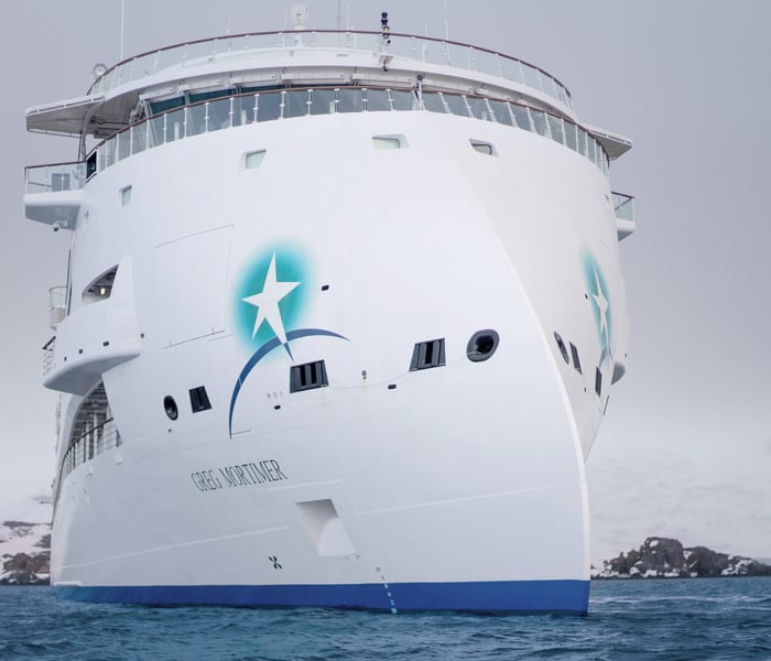 AE' Expeditions Greg Mortimer ship in Antarctica with its X-Bow design