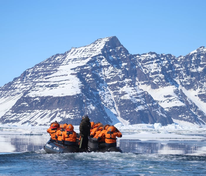 Guests in Zodiac on Ponant's Le Commandant Charcot, blosseville coast, Greenland