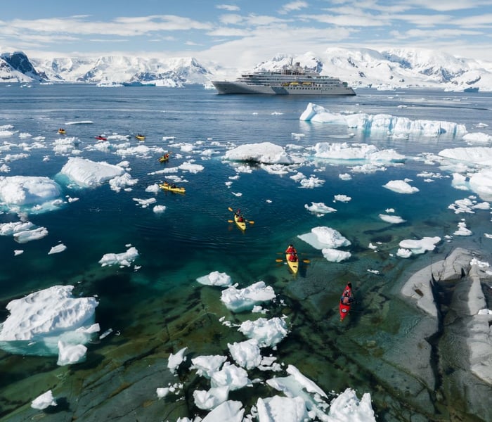 Silversea guests kayaking in Neko Harbour, Antarctica