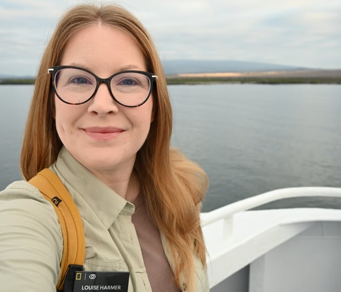 Louise on deck on board National Geographic Endeavour II in the Galapagos Islands