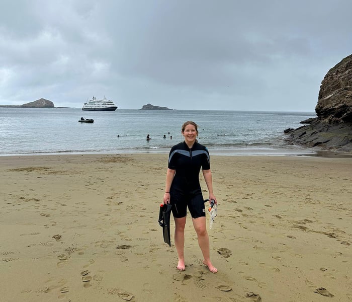 Louise after snorkelling in the Galapagos Islands 