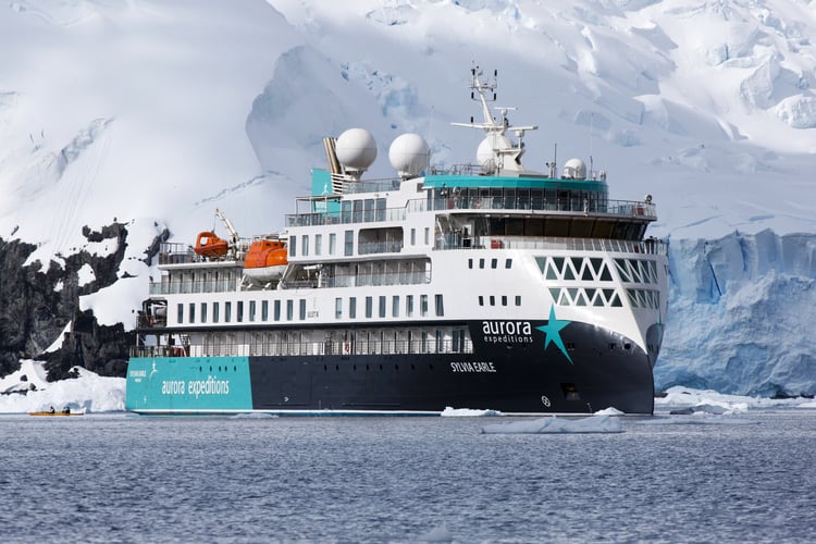 AE Expeditions' Sylvia Earle and its X Bow design in Cierva Cove, Antarctica