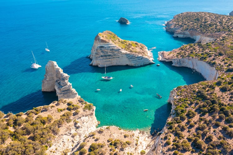Kleftiko Bay on Milos island in Greece, a popular stop on a small ship greek islands cruise