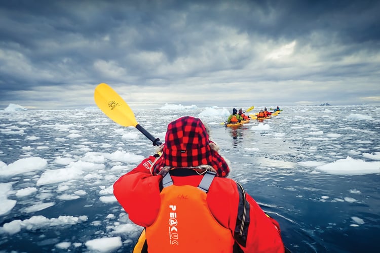 Sea kayaking, one of the exciting activities available on an Antarctica cruise