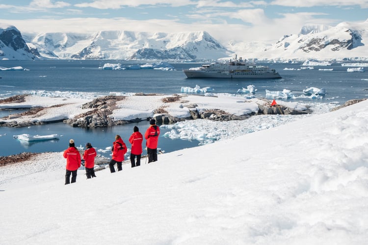guests kayaking in Neko Harbour Antarctica on Silver Endeavour