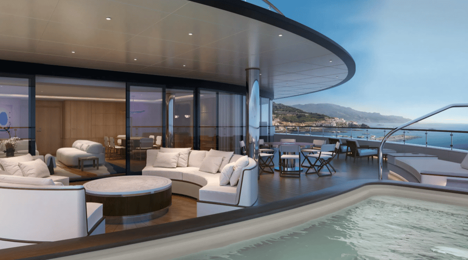 A rendering of Four Seasons I yacht St Tropez balcony