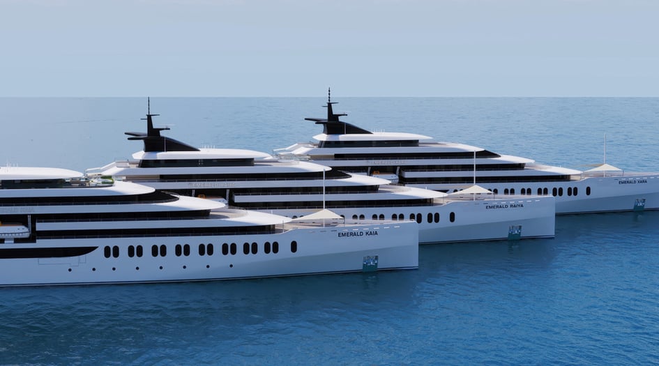 Renderings of Emerald Cruises' new yachts, Emerald Kaia, Emerald Raiya, and Emerald Xara