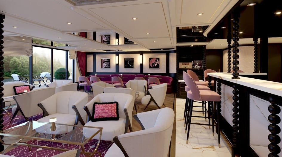 Aft Lounge rendering on board S.S. Marlene, Uniworld's new river vessel