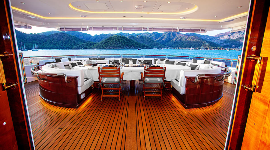 Al fresco dining area on board Aqua Mare