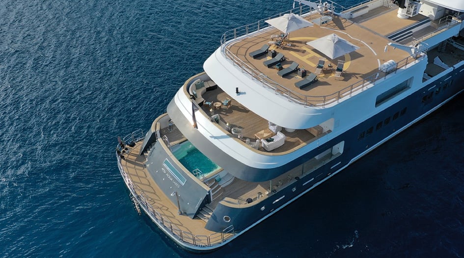 Aerial view of Aqua Expeditions' yacht in the Seychelles, Aqua Lares