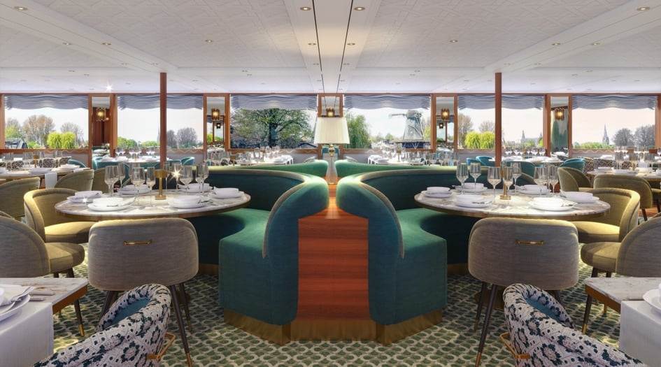 Restaurant rendering on board S.S. Audrey, Uniworld's new river vessel