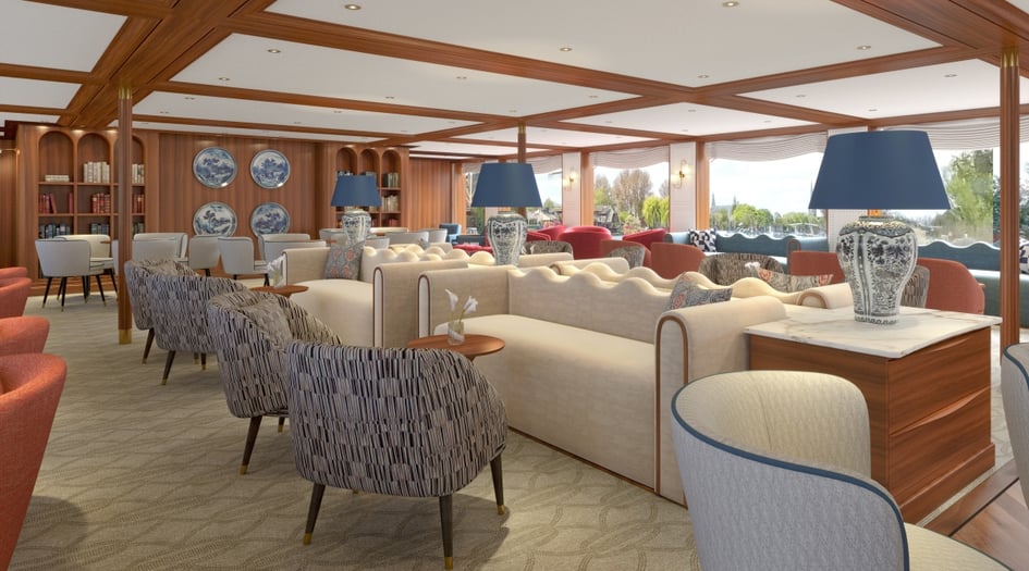 Lounge rendering on board S.S. Audrey, Uniworld's new river vessel
