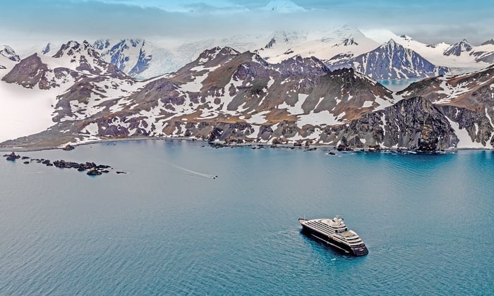 An aerial view of Scenic Eclipse during an Antarctica expedition