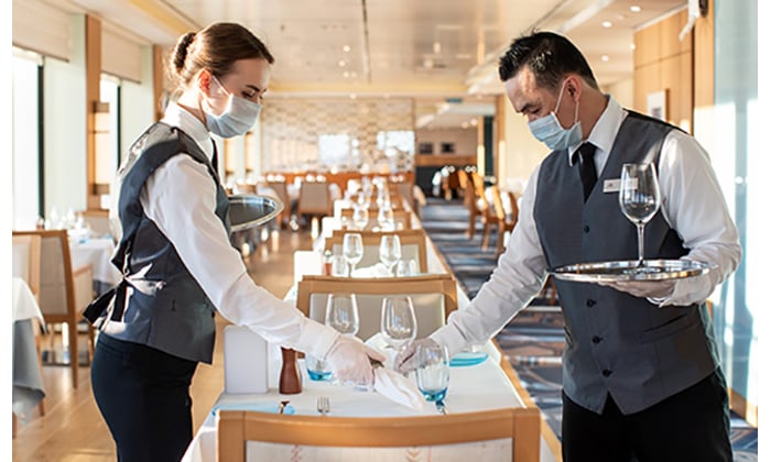 Viking Ocean Cruises Covid protocols - Restaurant staff wearing face masks